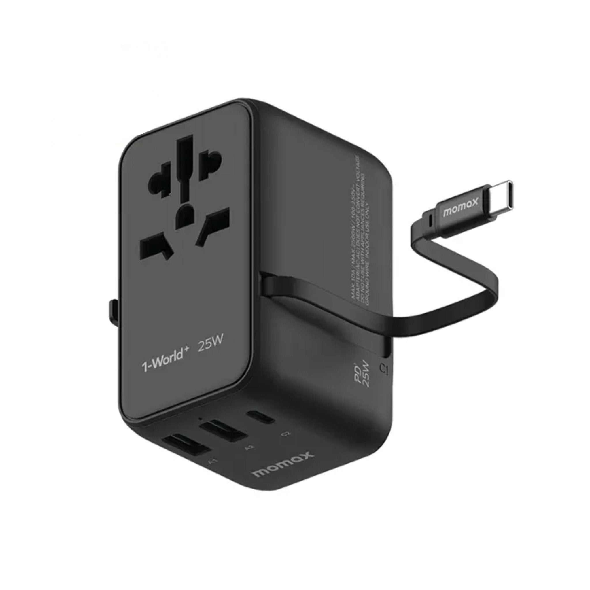 Momax UA20 1-World PD 25W 3 ports + AC Travel Adapter Built-In Cable - Black